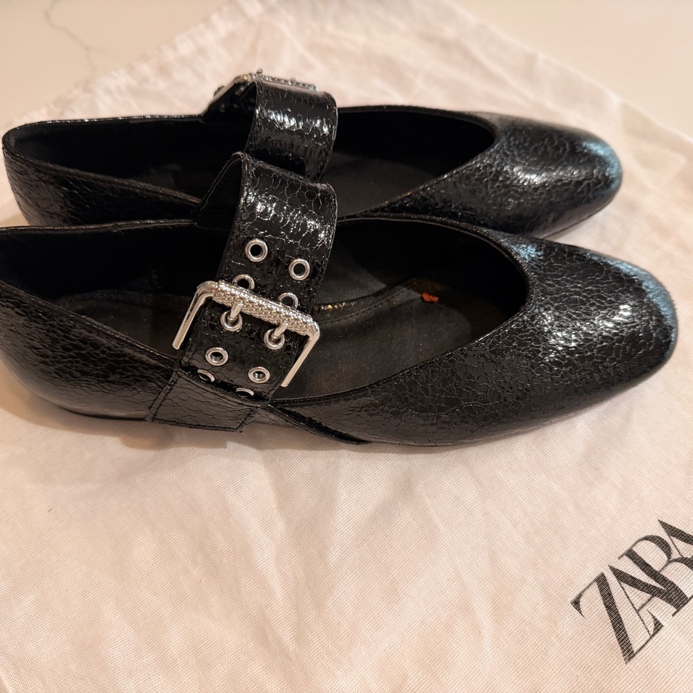 Zara Shiny Black Buckle Flats